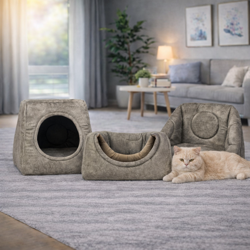 Die 3-in-1 Katzenhöhle, die Katzen lieben - zu jeder Jahreszeit. (Beige)