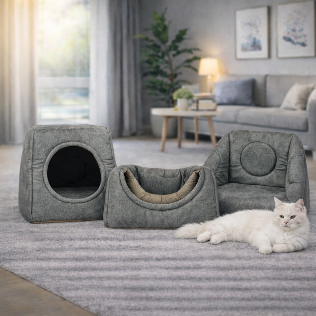 Die 3-in-1 Katzenhöhle, die Katzen lieben - zu jeder Jahreszeit. (Grau)