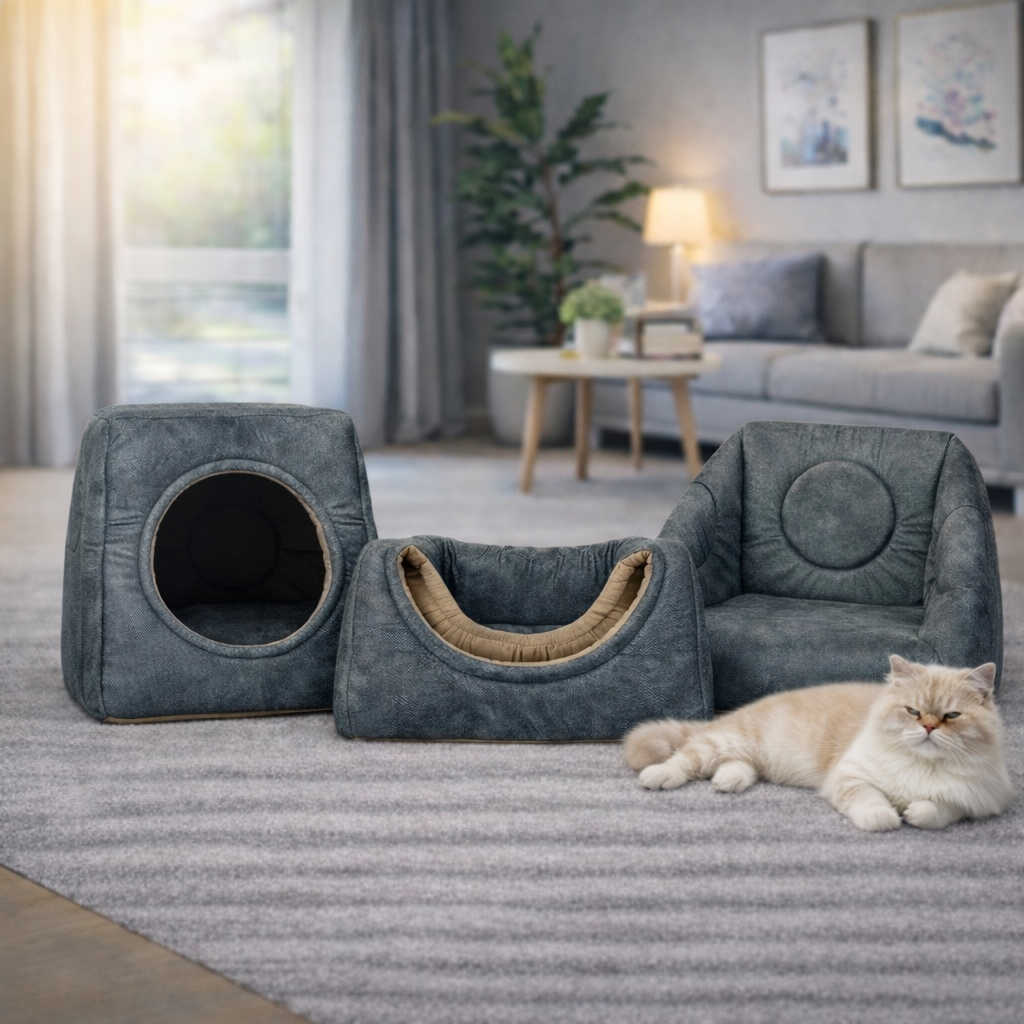 Die 3-in-1 Katzenhöhle, die Katzen lieben - zu jeder Jahreszeit. (Dunkelgrau)